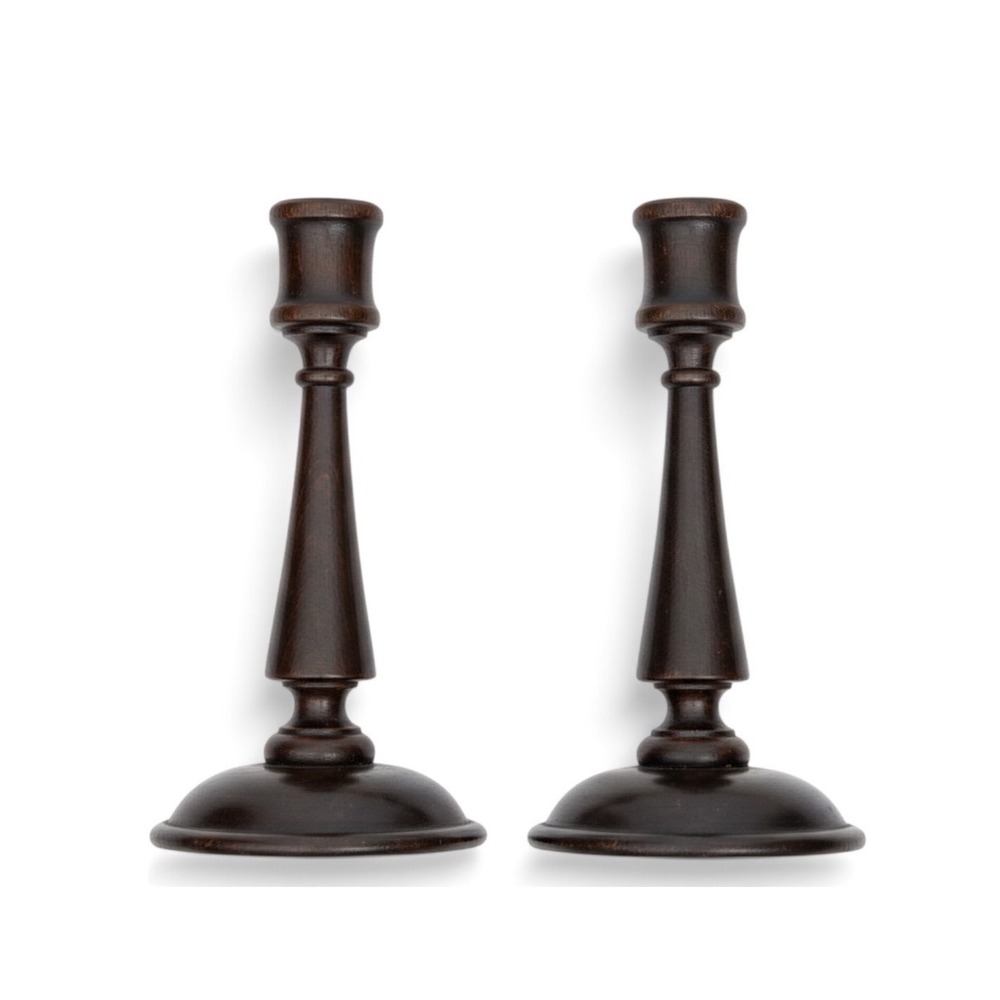 Vintage Wooden Candlestick Pair Hand Turned Dark Brown Wood 7 Inch